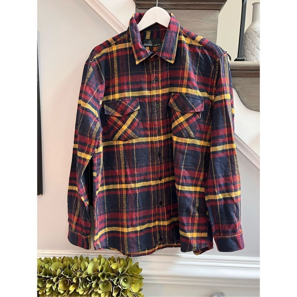 Molokai Surf Co. Primary Colors Plaid Flannel Shirt sz L